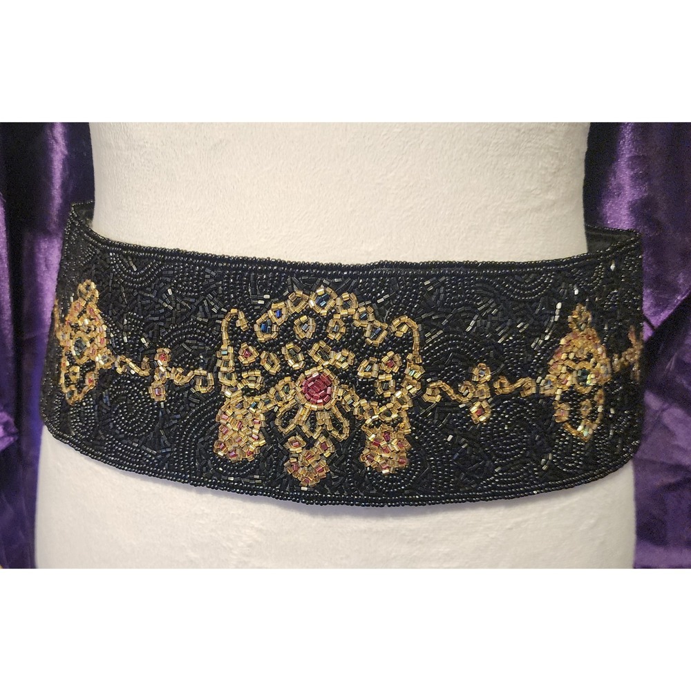 Vintage Echo Beaded Waist Belt Black Gold Ruby Medallion Style 4" Wide Size M/L